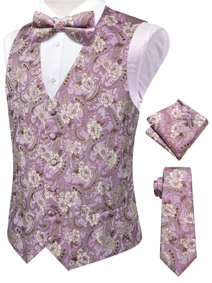 Men's Luxury Pink Jacquard Floral Vest Set – Formal Wedding & Prom Waistcoat with Tie, Bowtie & Pocket Square