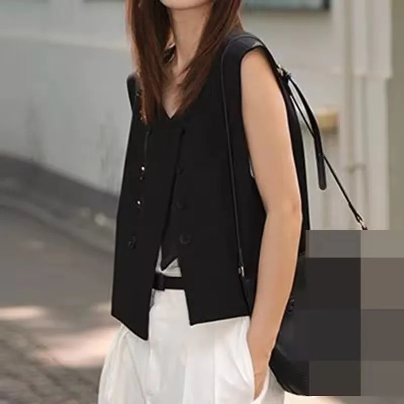 Black Suit Vest Jacket Women Irregular Top 2025 Spring Summer New Double Breasted Casual Thin Shoulder Waistcoat Female Clothes