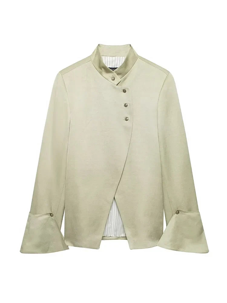 Women New Fashion Single Breasted Long Sleeves Stand Collar Blazer Solid Casual Loose Commuter Coat Woman High Street Jacket