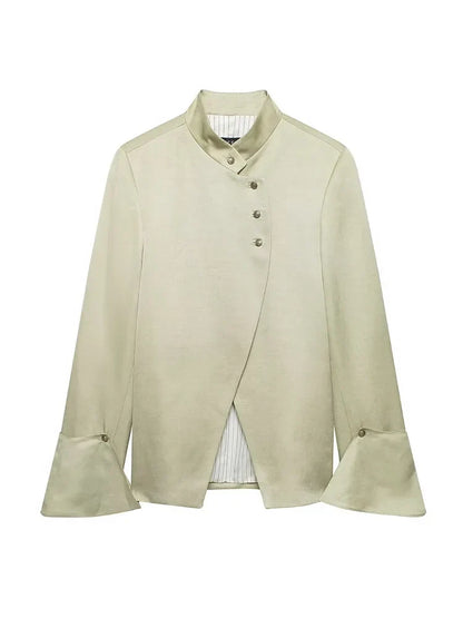 Women New Fashion Single Breasted Long Sleeves Stand Collar Blazer Solid Casual Loose Commuter Coat Woman High Street Jacket
