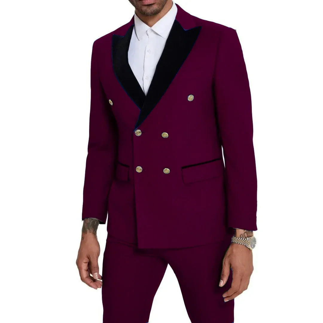 Men Suit 2 Pieces Royal Blue With Black Lapel Double Button For Wedding Business Banquet Party Office Daily Work Jacket And Pant