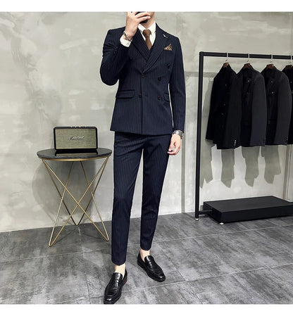 Men's Double-Breasted 2-Piece Suit – Classic Striped, Wedding & Business