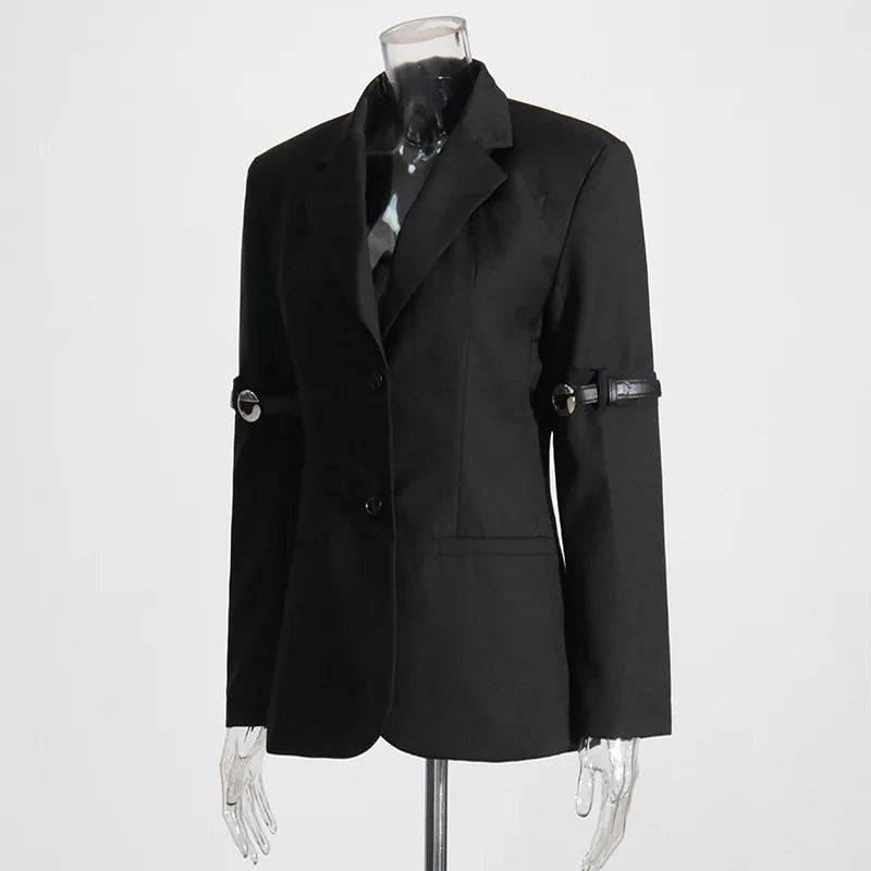 Autumn New Women Design Sense Blazer Personality Patchwork Belt Decoration Slim Fit Elegant Fashion High Street Coat HK9048