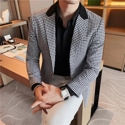 Brand Spring Plaid Men Blazers Business Casual Suit Jacket Men Clothing High-quality Streetwear Social Wedding Groom Dress Coat