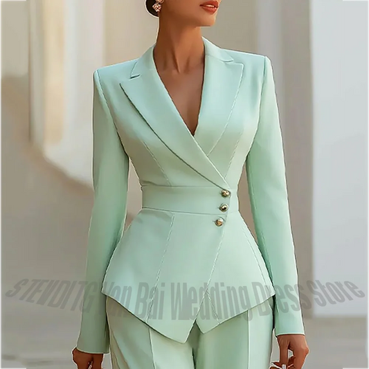 Luxury Women's Suit 2 Pieces Slim Fit Peak Lapel Solid Color Formal Work Suit Single Breasted Business Casual Outfit Set