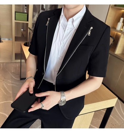 2023 Summer Zipper Decoration Blazers Men Casual Business Suit Jacket Slim Fit 3/4 Sleeve Streetwear Social Jacket Men Clothing