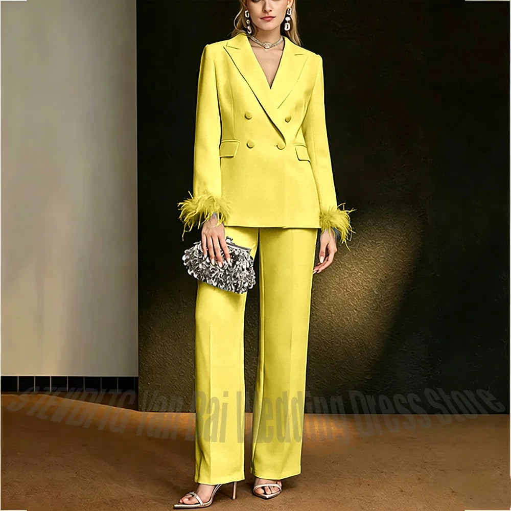 Luxury White Feather Women's Suit Elegant Classic Double Breasted Jacket Pants Formal Evening Party Wedding Guest Outfit
