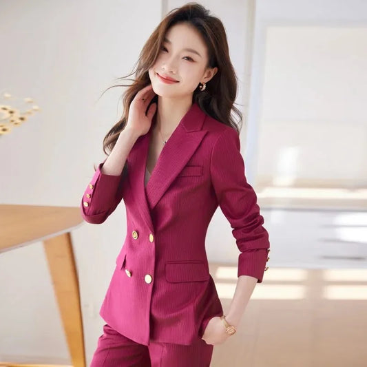 2025 Office Double Breasted Suits Sets Women Korean New Long Sleeve Blazer Jackets Conjunto Ol High Waist Straight Pants Outfit