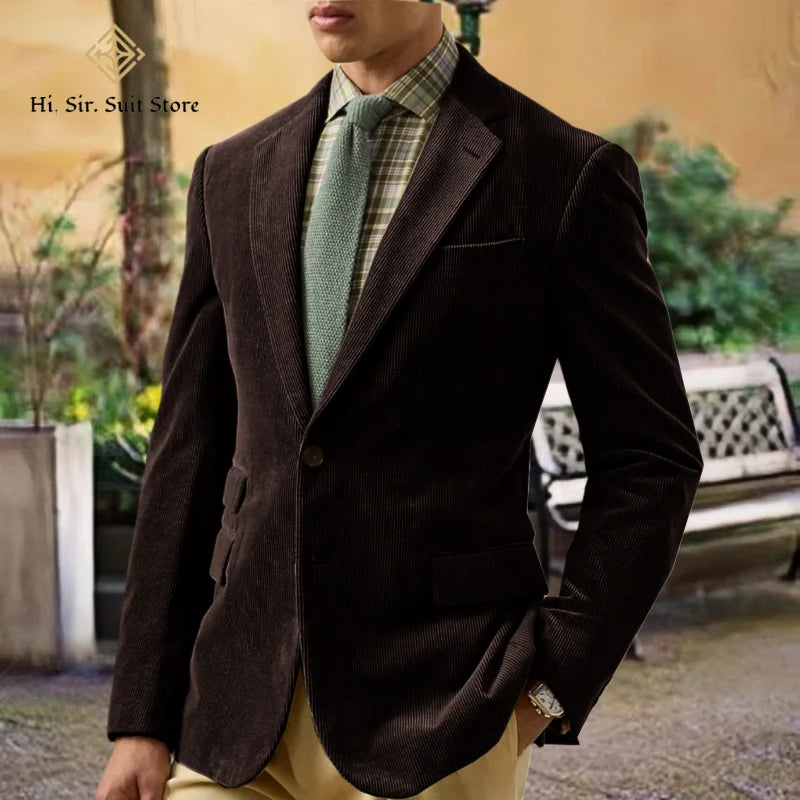 Spring/Autumn New Corduroy Suit Retro Casual Notched Lapel Jacket Single-Breasted Men's Solid Colour Suit Western Sport Coats