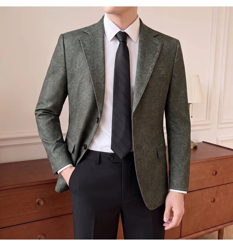 2026 Luxury Leather Suit Jacket Men's Business Casual Leather Men Blazers Social Wedding Groom Banquet Formal Coat Streetwear