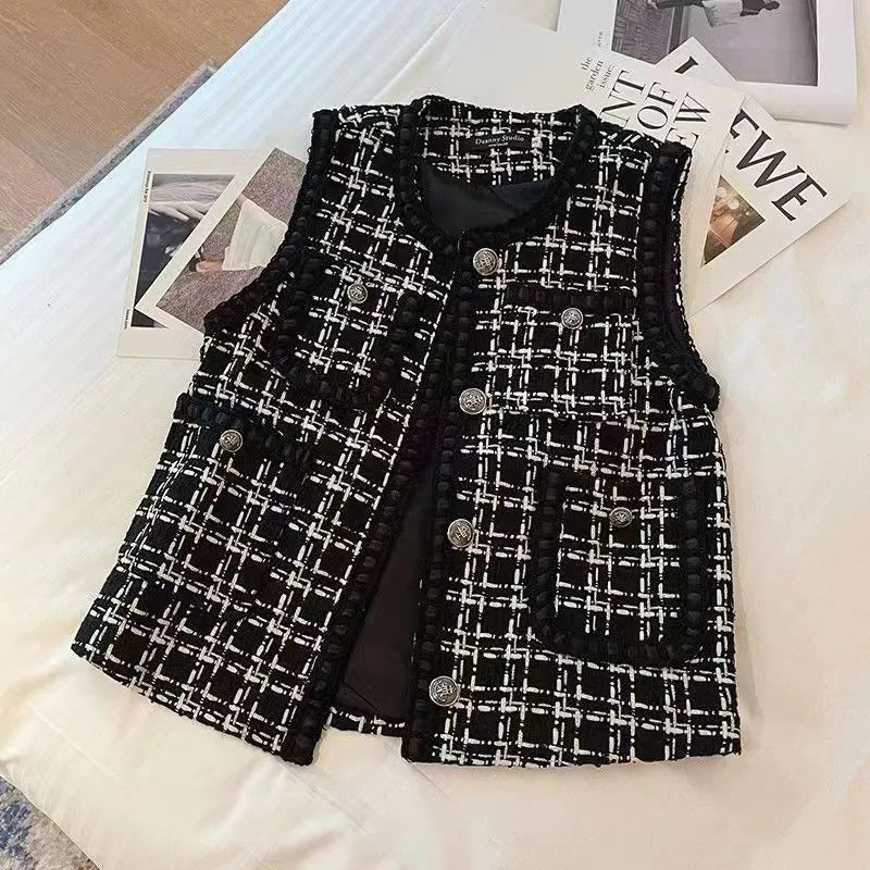 Spring Autumn Women's Vest New Plaid Single-breasted Sleeveless Small Fragrance Jacket Female Waistcoat Outerwear Chaleco Mujer