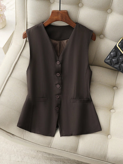 Vintage Inspired Women's Waistcoat Retro Brown V-Neck Slim Fit Suit Vest for a Classic Look，Office & Business Casual