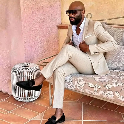 Summer Men's Linen Blend Suit 2 Pieces Slim Fit Casual Lightweight Jacket Pant Set for Party Business Wedding Prom Daily Wear
