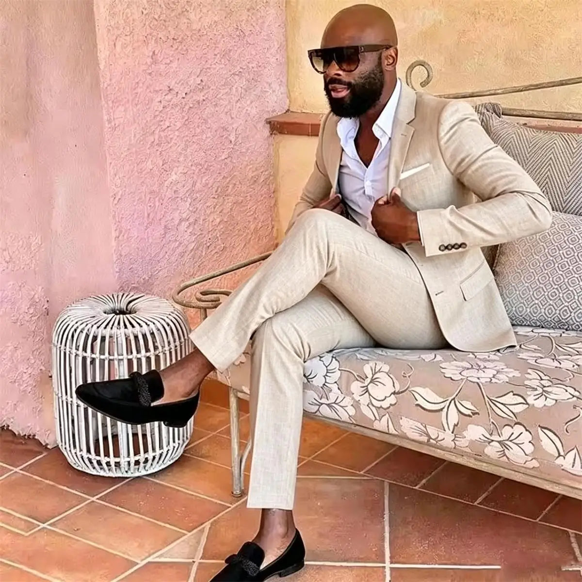 Summer Men's Linen Blend Suit 2 Pieces Slim Fit Casual Lightweight Jacket Pant Set for Party Business Wedding Prom Daily Wear