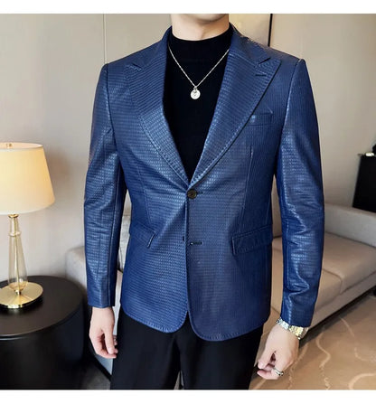 Korean Waffle Leather Suit Jacket Men's Business Casual PU Leather Blazer Slim Fit Wedding Groom Office Social Formal Coats 2026