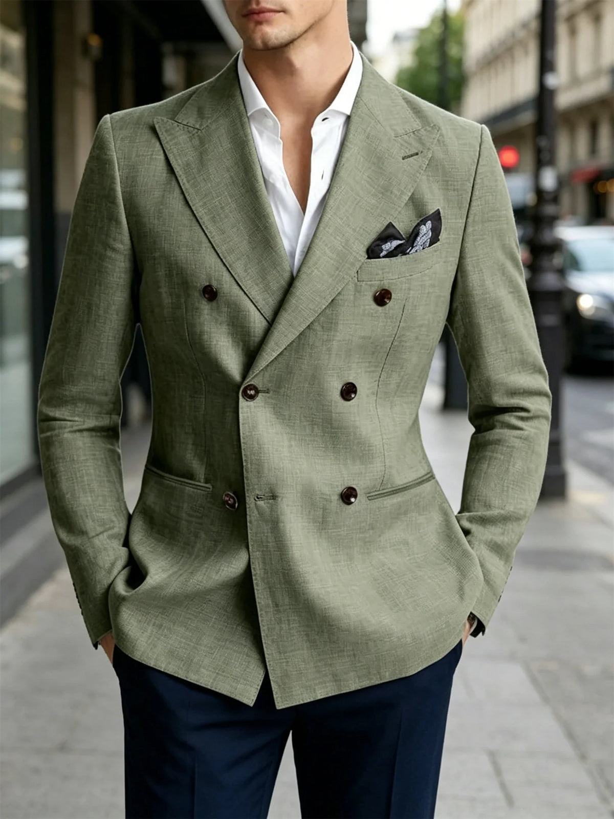 Men’s Linen Blend Suit Blazer Double Breasted Casual Peak Lapel British Style Jacket  Soft Breathable Men Suit For Summer Beach