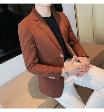 2025 Spring New Waffle Suit Coats Men Slim Fit Business Casual Blazer Jacket Homme Formal Groom Prom Wedding Tuxedo 4XL-M