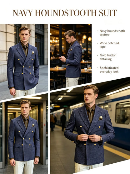 Men's Houndstooth Double Breasted Blazer Vintage Slim Jacket  Fit Formal Business Wedding Party Coat For Men Autumn Winter