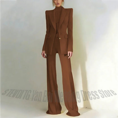 Women Pant Suit 2 Piece Set Office Female Business Work Formal Jacket Trouser One Button Chic Yellow Peaked Lapel Elegant Suit