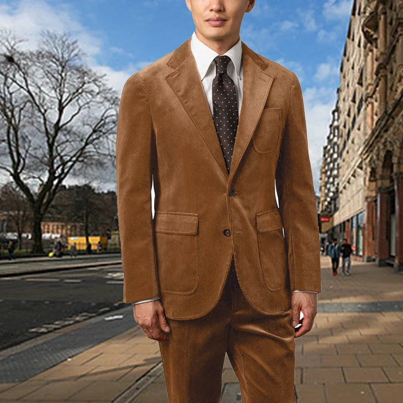 Men's Corduroy 2-Piece Suit – Classic Single Breasted Blazer & Pleated Pants for Wedding & Formal Occasions