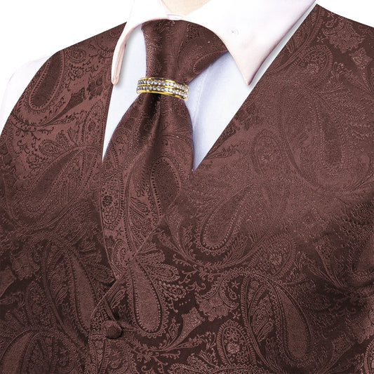 Men's V-Neck Vest 5-Piece Matching Set Coffee Paisley for Banquet & Anniversary