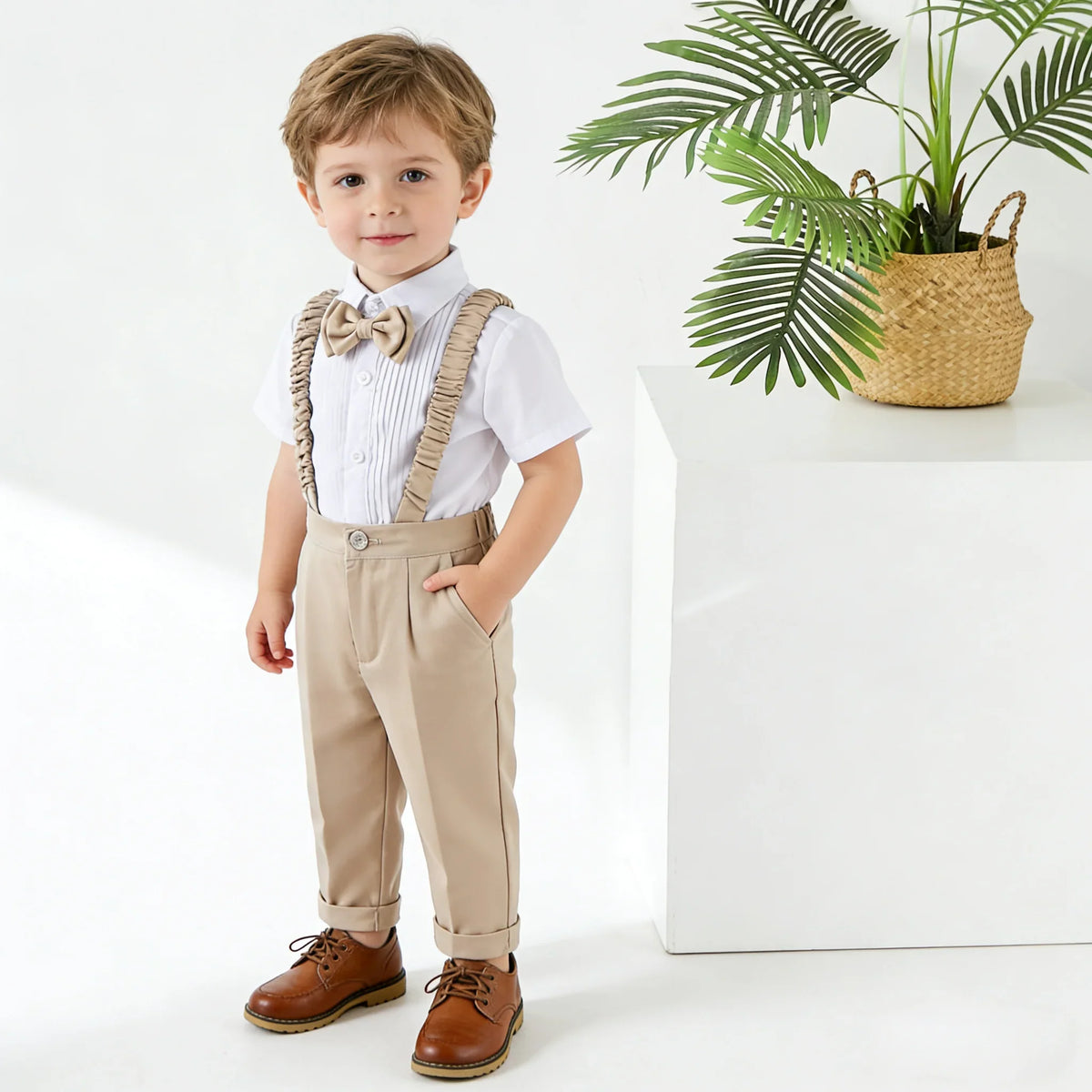 Baby Boys Gentleman Tweed Suit Set Kids Flower Boy Wedding Formal Wear Double Breasted Blazer Khaki Pants Bow Tie Birthday Party