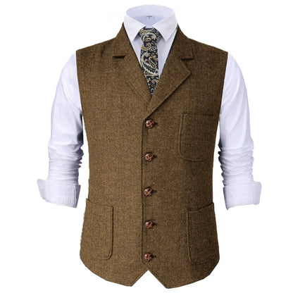 Men Vest Herringbone Lapel Single Breasted Waistcoat for Wedding and Business
