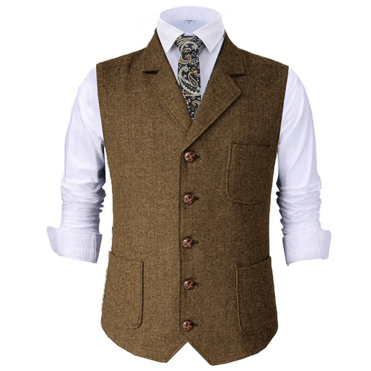 Men Vest Herringbone Lapel Single Breasted Waistcoat for Wedding and Business