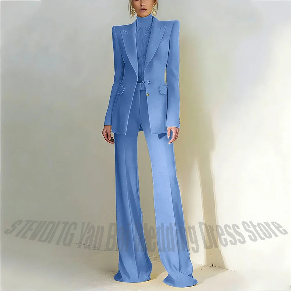 Women Pant Suit 2 Piece Set Office Female Business Work Formal Jacket Trouser One Button Chic Yellow Peaked Lapel Elegant Suit