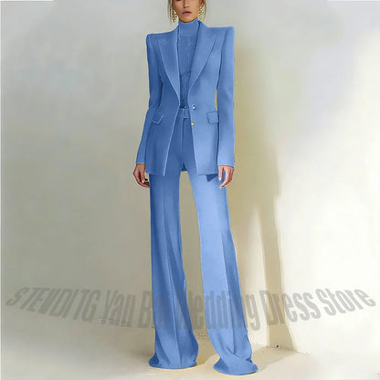 Women Pant Suit 2 Piece Set Office Female Business Work Formal Jacket Trouser One Button Chic Yellow Peaked Lapel Elegant Suit