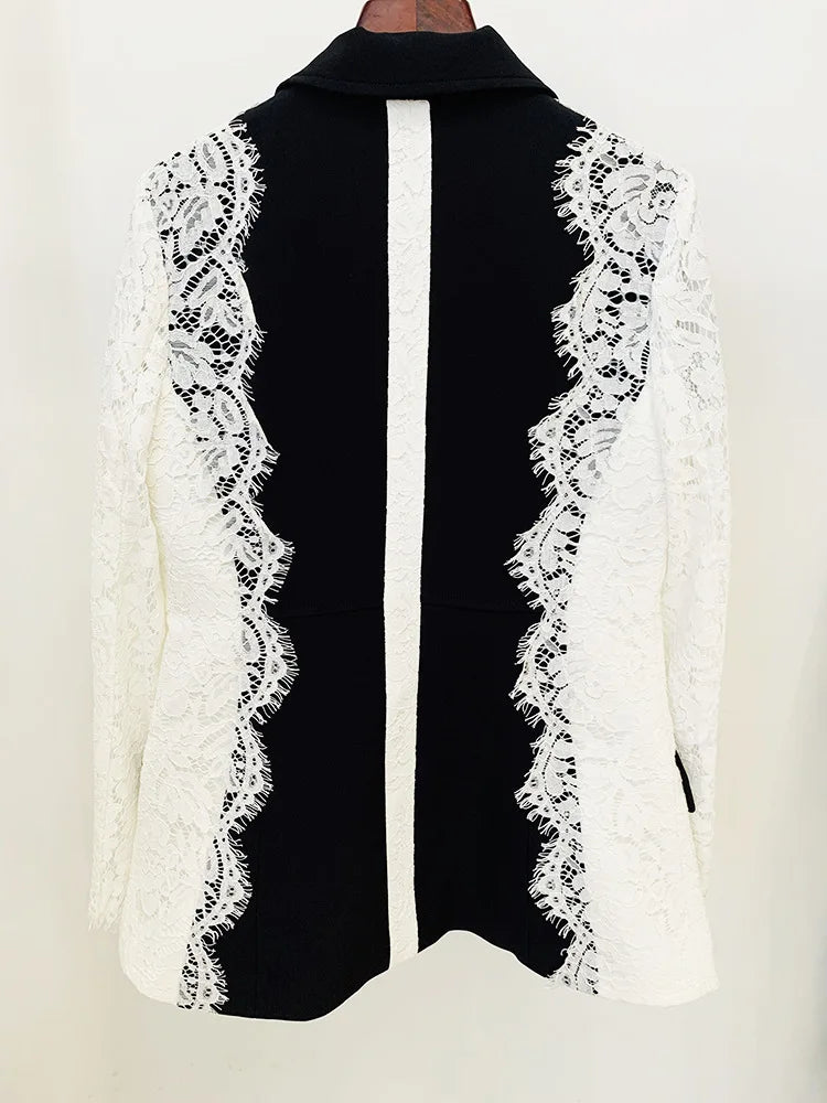 Autumn New Women Tide Chic Elegant Fashion Single Button Patchwork Lace Contrast Color Waist Cinching Pocket Blazer  HK7609