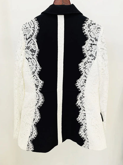 Autumn New Women Tide Chic Elegant Fashion Single Button Patchwork Lace Contrast Color Waist Cinching Pocket Blazer  HK7609