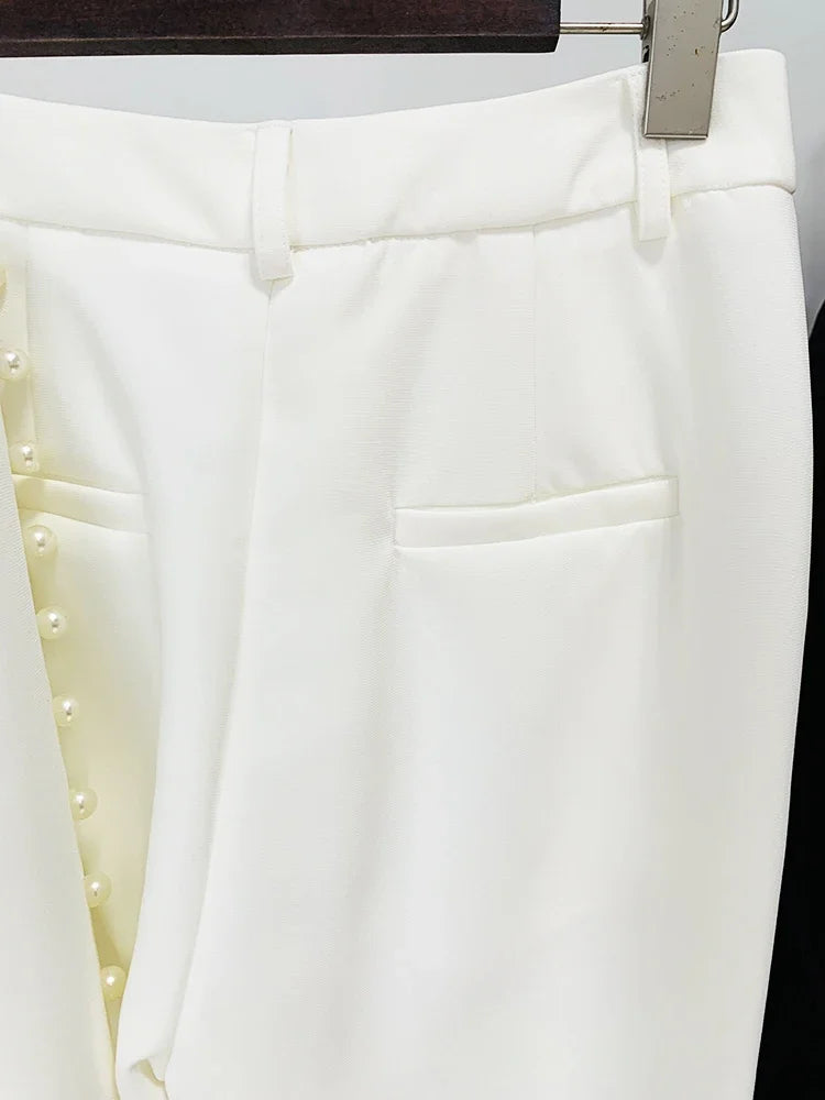 Fashion White Women Pants Sets Elegant Pearls Single Button Peak Lapel 2 Piece Chic Party Formal Solid Suits (Blazer+Pants)