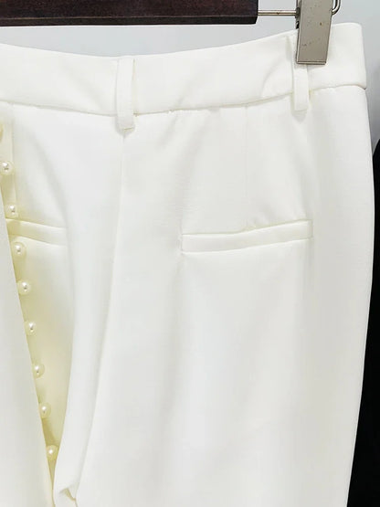 Fashion White Women Pants Sets Elegant Pearls Single Button Peak Lapel 2 Piece Chic Party Formal Solid Suits (Blazer+Pants)