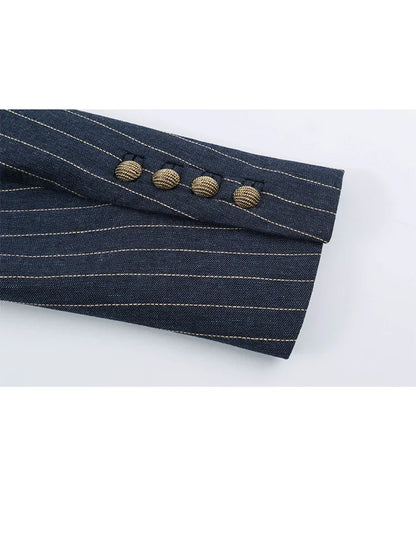 2026 Fashion Women's  Navy Pinstripe Blazer Autumn Elegant Female Long Sleeves Button Military Style Slim Suit Jacket