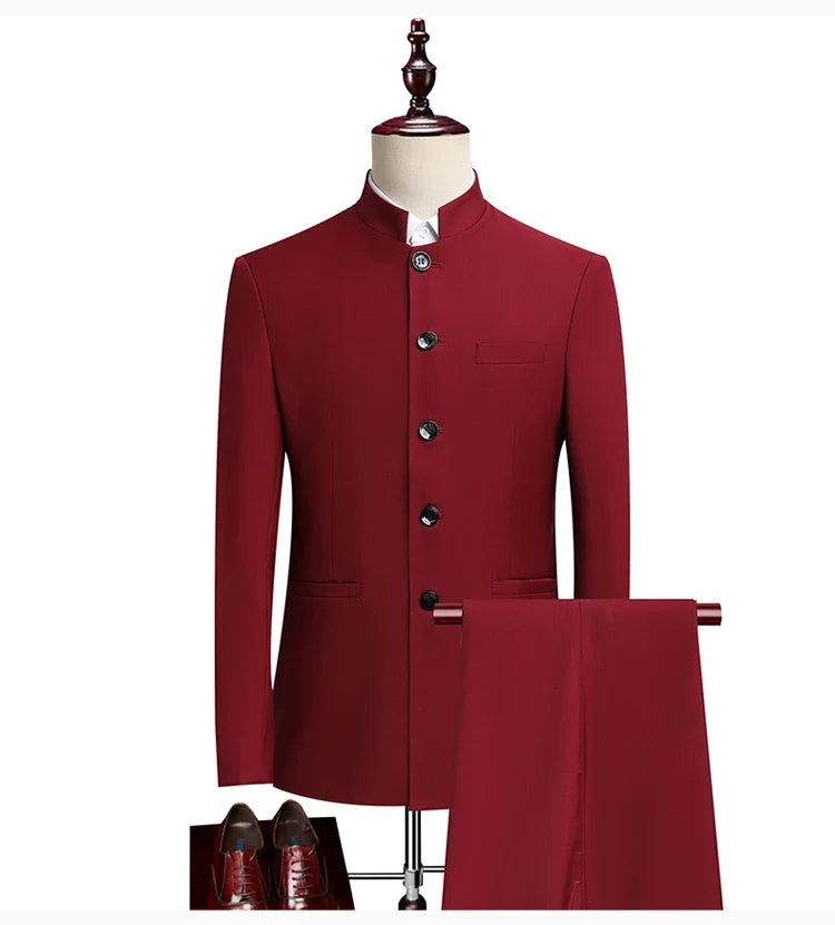 Men's Smart Casual Suit Set – Mao Collar Slim Fit Blazer and Pants for Weddings and Business