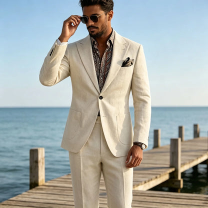 Men's Linen Blend Suit 2 Pieces Set Solid Color Peak Lapel Slim Fit One Button Jacket Pants Formal Outfit Wedding Business Casua
