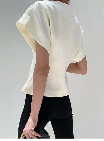Summer French Asymmetric Blazer Vest Coat Women Drop Shoulder Sleeve Waistcoat One Button Waist Slim Fashion White Top