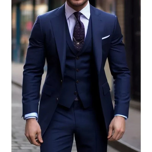 Navy Blue 3 Pieces Casual Male Suits Slim Fit Notched Lapel Formal Best Men Wedding Groom Wear Blazer Vest Pant Tuxedos