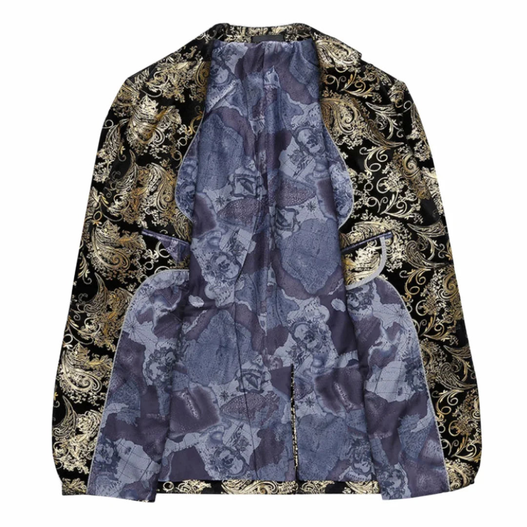 Men's Suit Jacket Black Gold Floral Applique Single Button for Wedding Party Performance