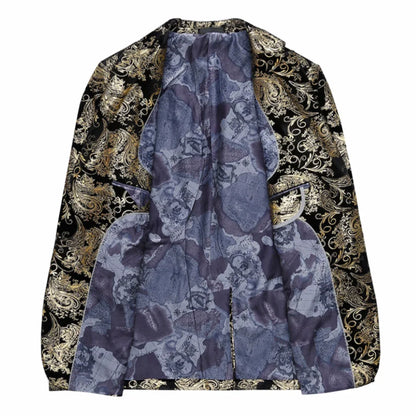 Men's Suit Jacket Black Gold Floral Applique Single Button for Wedding Party Performance