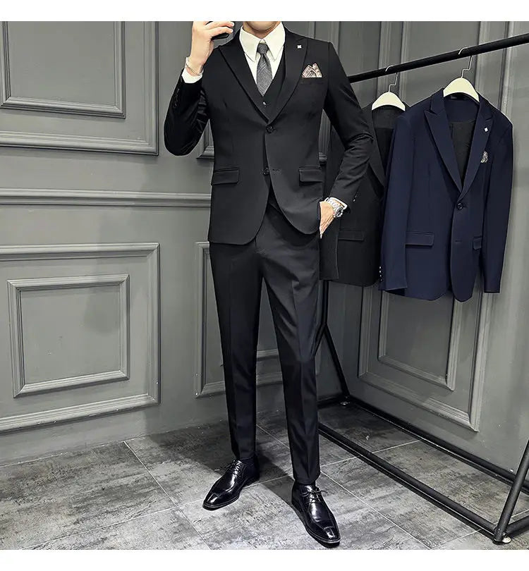 Men's 3 Piece Suit Set Double‑Button Slim Fit Solid Color Business Casual Wedding Party Jacket Vest Pants Formal Outfit for Men