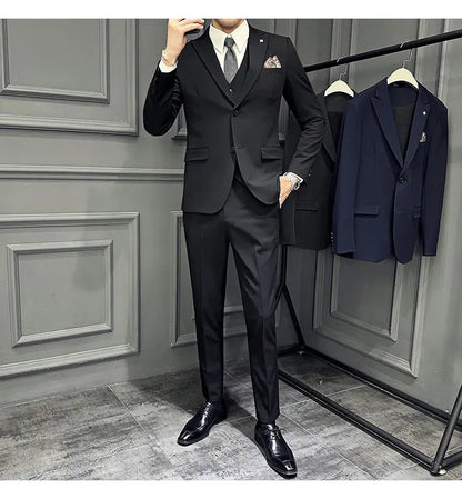 Men's 3 Piece Suit Set Double‑Button Slim Fit Solid Color Business Casual Wedding Party Jacket Vest Pants Formal Outfit for Men