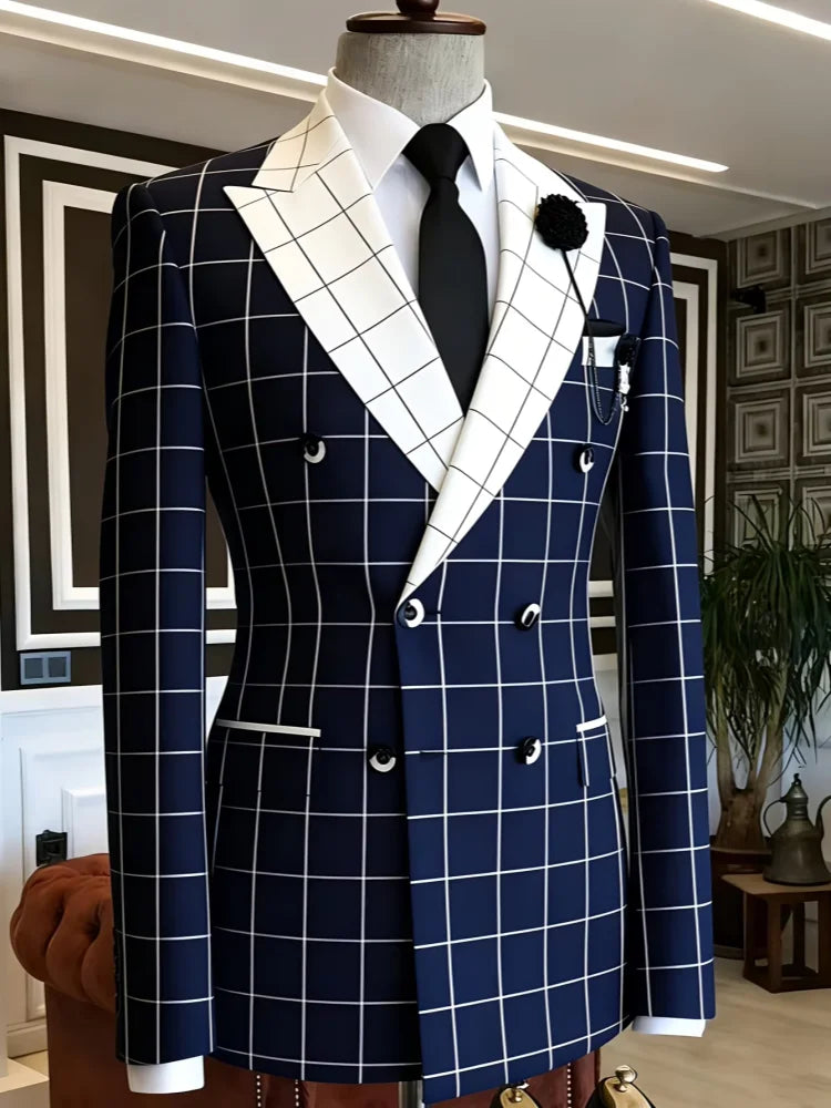 Men's Contrast Double Breasted Business Blazer Check Peak Lapel Slim Fit Suit Jacket Wedding Fashion Party Formal Outerwear