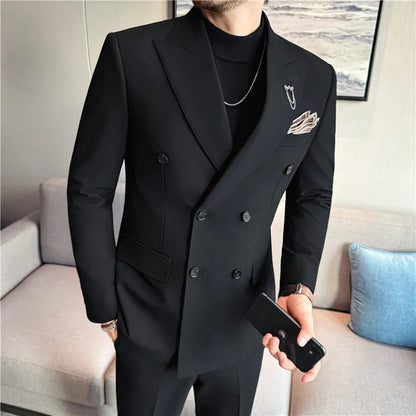 (Jacket + Pants) Fashion Double Breasted Design Slim Men's Suit Italian Style Luxury Wedding Social Party Tuxedo 2 Piece Sets