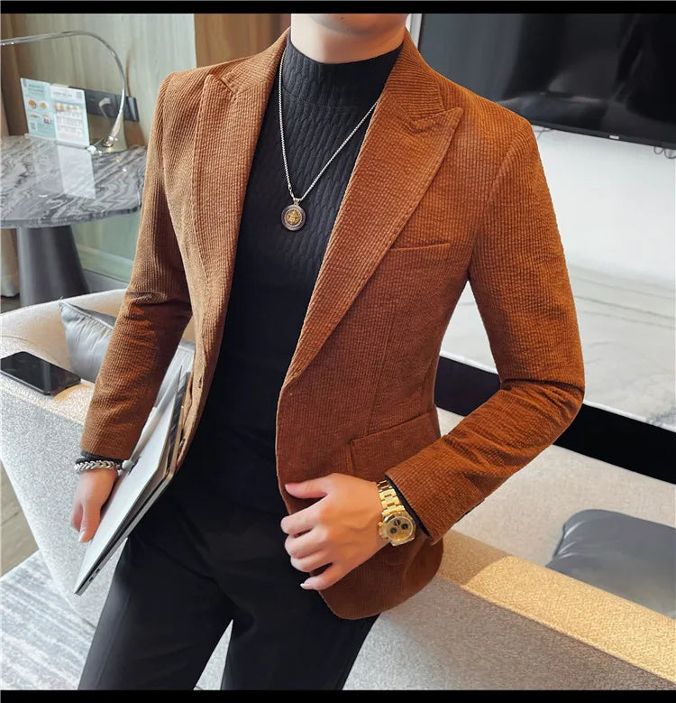 Men's Smart Casual Single Breasted Blazer – Spring Autumn Jacket in Green, Black & Coffee