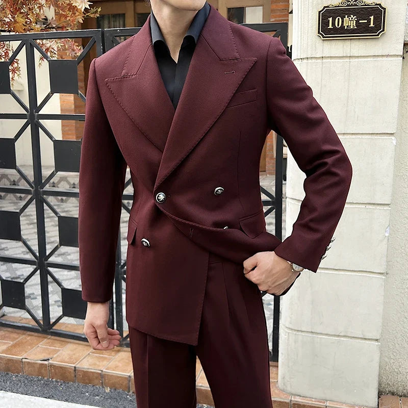 British Style Double Breasted Blazers Men Fashion Solid Color Thick Warm Suit Jackets Casual Business Wedding Social Dress Coat