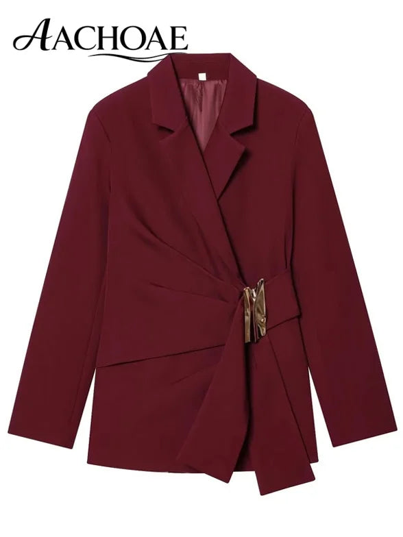Women Asymmetric Buckle Blazer Elegant Wrap Suit Jacket Slim Waist Tailored Office Lady Workwear Fashion Blazer Coat