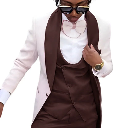 Fashion Men's Suit 3 piece Suit White Jacket Khaki Vest Pants Wedding Tuxedo Groom Tailored Suit Blazer for Men Slim Fit Outfit