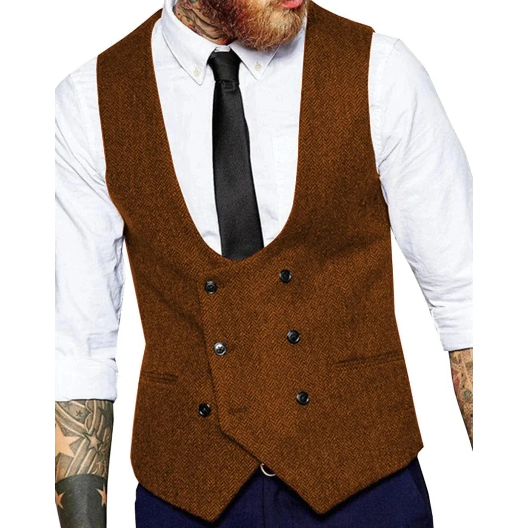 Men's Vest Herringbone Double Button Waistcoat for Weddings & Formal Occasions – Army Green